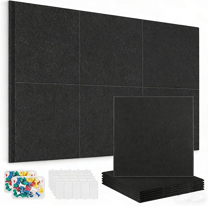 Large Cork Board for Walls |Cork Board Alternative|Felt Wall Tiles| Black Bulletin Board with Removable Adhesive | Cork Boards Pinboard for Office Home Classroom,36"x24",6 Pack,Black