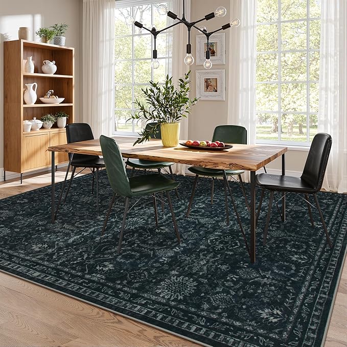 Lahome Washable 9x12 Area Rugs for Living Room,Black Boho Rugs for Bedroom,Dark Lurxry Non Shedding Carpet for Dining Room Apartment Dorm Office Aesthetic Decor