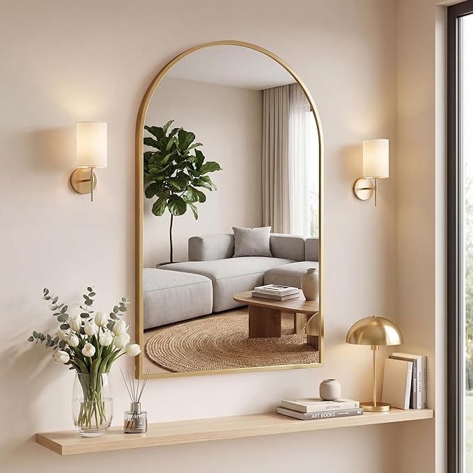 DUMOS Gold Metal Arch Vanity Rounded Rectangle Bathroom Mirrors for Over Sink Wall, 24x37 Inch Large Matte Mirror, Modern Decorative for Restroom, Farmhouse