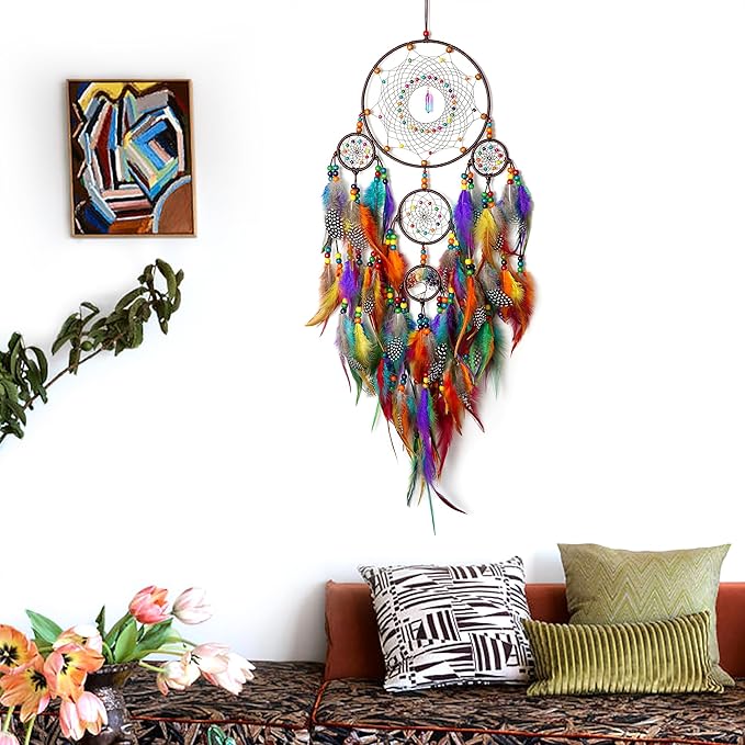 Large Dream Catchers, Handmade Woven Colorful Dream Catcher Wall Hanging, with Tree of Life Natural Healing Crystal Stone for Bedroom Wedding Party Decor, Festival Blessing Gift (Colorful)