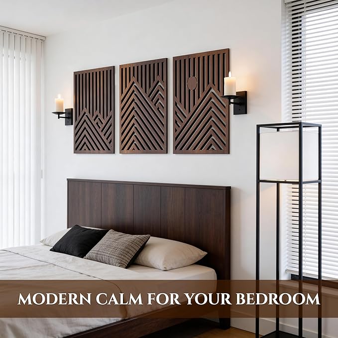 qmmp Modern Wooden Wall Sculptures - Set of 3 - Home Decor Accent - Large Wall Art for Living Room, Bedroom, Office - Easy Installation (Walnut, XXLarge - Mountain and Sun)