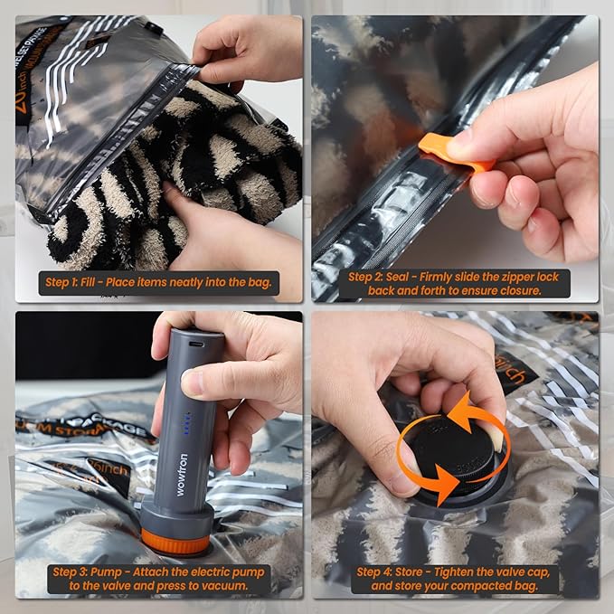 12 PCS Travel Vacuum Bags with Pump, Space Saver Vacuum Storage Bags Travel Pack Vacuum Kit with Wireless Electric Pump for Luggage Blankets Clothes, 6-20 inch, 4-24inch, 2-28inch
