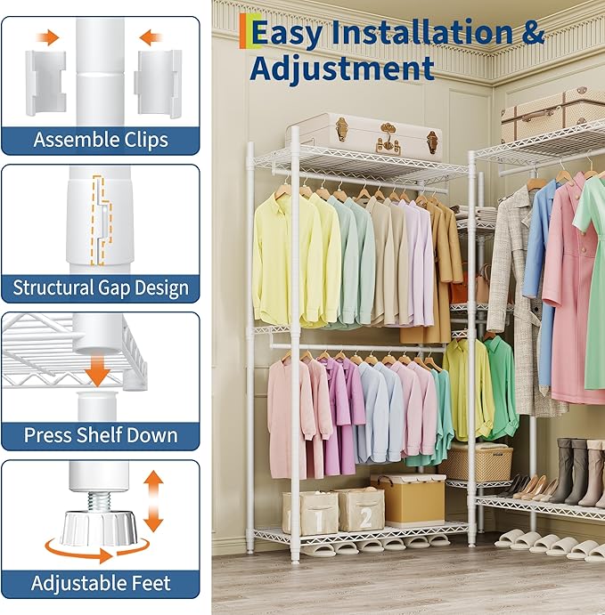 Heavy Duty Garment Rack L Shaped Clothes Rack for Corner,Load 1631LBS,Freestanding Portable Wardrobe Closet Clothing Rack with 7 Adjustable Shelves, 4 Hanging Rods,70.5"H x 85.4"L x 17.4"W