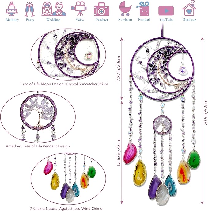 Large Dream Catchers, Crystal Tree of Life Dreamcatcher with Rainbow Healing Agate Slice Wind Chime Suncatcher for Windows Hangings Prism Decoration Gifts for Adult Girls Bedroom Garden Room Decor