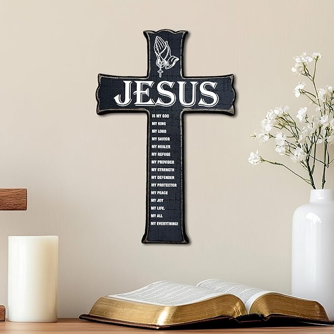 Cross Wall Decor - Black Scripture Wooden Cross For Wall - Gothic Wooden Hanging Signs Christian Easter Decor for Home Office Church Baptism - Christian Gifts for Men Women (Jesus) - A08