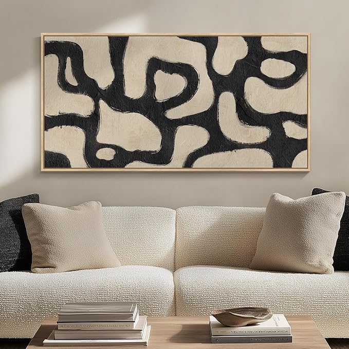 Framed Abstract Neutral Horizontal Wall Art Bedroom, Black Beige Mid Century Modern Artwork for Walls, Large Abstract Canvas Painting Print for Living Room Hallway Home Office Wall Decor, 20x40 Inch