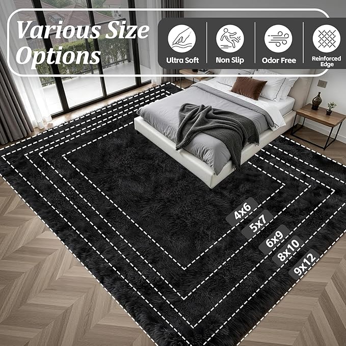 8x10 Area Rugs for Living Room Bedroom: Ultra Soft Fluffy Shag Rug Upgrade Non-Slip Non-Shedding Large Fuzzy Plush Carpet Indoor Floor Carpets for Kids Room Playroom Nursery Dorms Home Decor Black