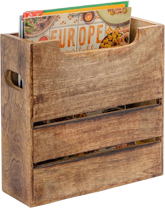 Mie Creations Wooden Magazine Holder Rack with Handle, Decorative Magazine Storage Basket for File, Folder, Books, Newspaper | Rustic Brown Magazine Bin Display Stand, Office Desk Organizer 10-inch