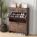 Shoe Cabinet with 2 Flip Drawers & 2 Drawers,Farmhouse Shoe Storage Cabinet for Entryway,Slim Freestanding Narrow Organizer Rack for Front Door Entrance,Dark Walnut
