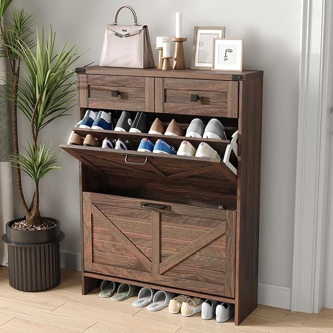 Shoe Cabinet with 2 Flip Drawers & 2 Drawers,Farmhouse Shoe Storage Cabinet for Entryway,Slim Freestanding Narrow Organizer Rack for Front Door Entrance,Dark Walnut