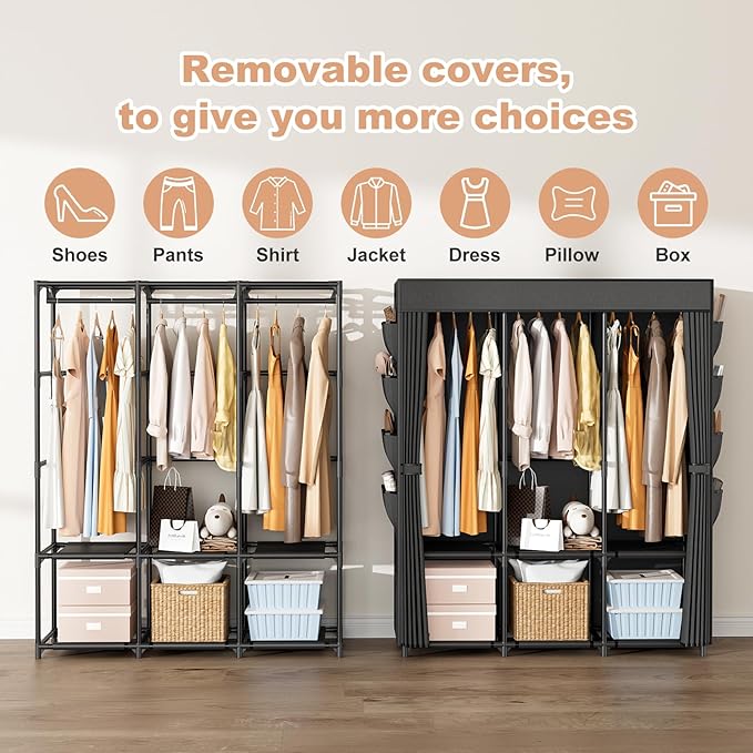 Wardrobe Closet Portable Closets for Hanging Clothes Large Capacity Clothes Rack with Cover, 3 Hanging Rods, 6 Shelves and 8 Pockets, Strong and Stable Free Standing Closet for Bedroom, Black