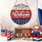 Memorial Day Decorations Door Sign for Front Door, Independence Day Patriotic Wreaths Welcome Sign, Round Wood Hanging Door Sign for Memorial Day 4th of July Patriotic Wreaths Outdoor 12”x 12”