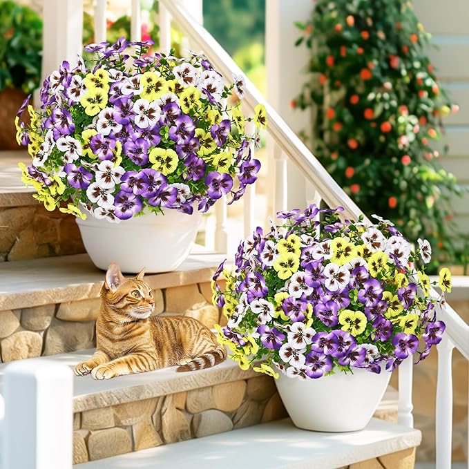 MARTINE MALL 12 Bundles Look Real Artificial Flowers for Outdoors, Realistic Fake Outdoor Flowers, UV Resistant Silk Pansy Flowers for Outside Faux Flower Plants for Outdoor Porch Garden, Mixed Colors
