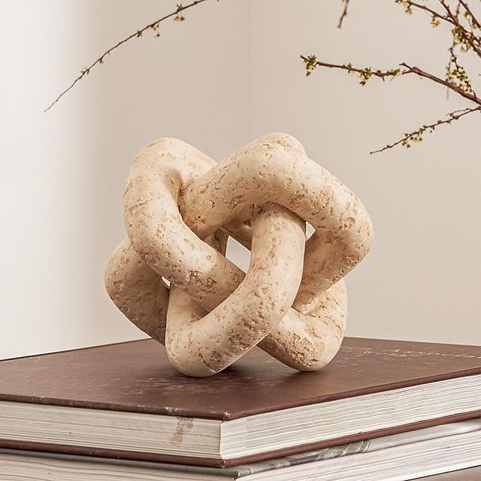 DN DECONATION 3 Link Knot Decor, Beige Travertine Coffee Table Decoration, Boho Resin Chain Link Decor, Modern Shelf Entryway Objects for Home Living Room Farmhouse Bedroom Inspired Aesthetic Art