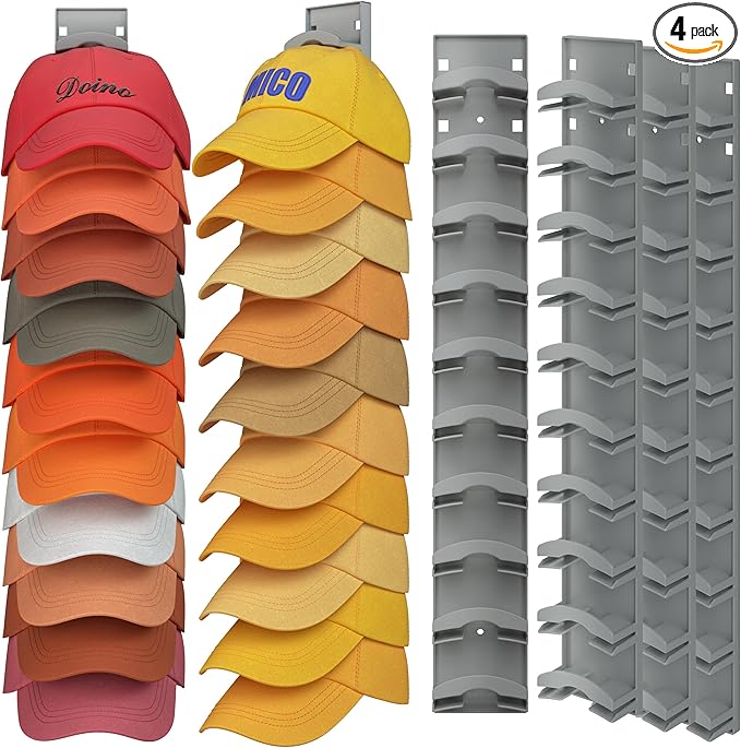 Hat Organizer Hold up to 20 Hats, 2 Pack Hat Rack for Wall with Strong Adhesive, Hat Organizer for Baseball Caps Display for Door Closet, Hat Hanger Holder Multilayer Two Mounting Option(White)