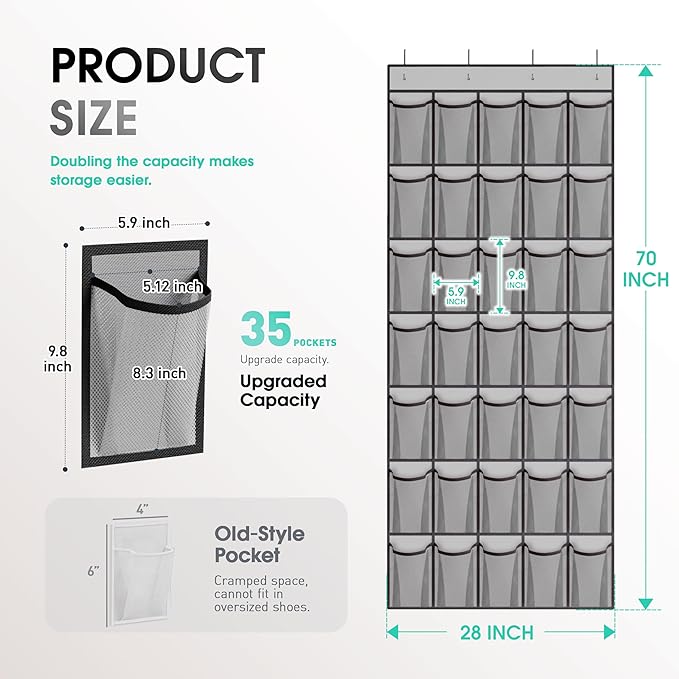 WVM Over the Door Shoe Organizer with 35 Breathable Mesh Pockets, Hanging Shoe Organizer for Door with 4 Metal Hooks, Large Capacity Closet Storage for Shoes, Accessories, Grey