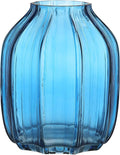 Blue Glass Vase for Flowers Bud Tall Glass Vases,H-8.0" Simple Striped Design for Home Floor Decor,Farmhouse Decor, Centerpiece Coffee Table Decorations (Blue 8.0IN)