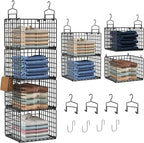 Hanging Closet Organizer, 4 Tier Metal Closet Organizers and Storage with 4 Hanging Hooks 4 S-Hooks for Wardrobe Laundry Room, Wire Storage Shelf for Clothes Sweaters Pants (Black)