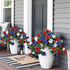 HyeFlora Artificial Flowers for Outdoors 2PCS Spring Faux Morning Glory Look Real Silk Flowers for Outside Planter UV Resistant Fake Flowers for Home Garden Balcony Yard Porch Deco (RedBlueWhite)