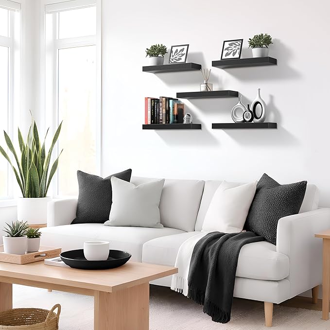 Sorbus Floating Shelves for Wall – 16 Inch Floating Shelf for Kitchen, Bedroom, Living Room, Bathroom, Home & Wall Decor - Mounted Bathroom Shelves with Invisible Brackets (Black, 4 Pack)