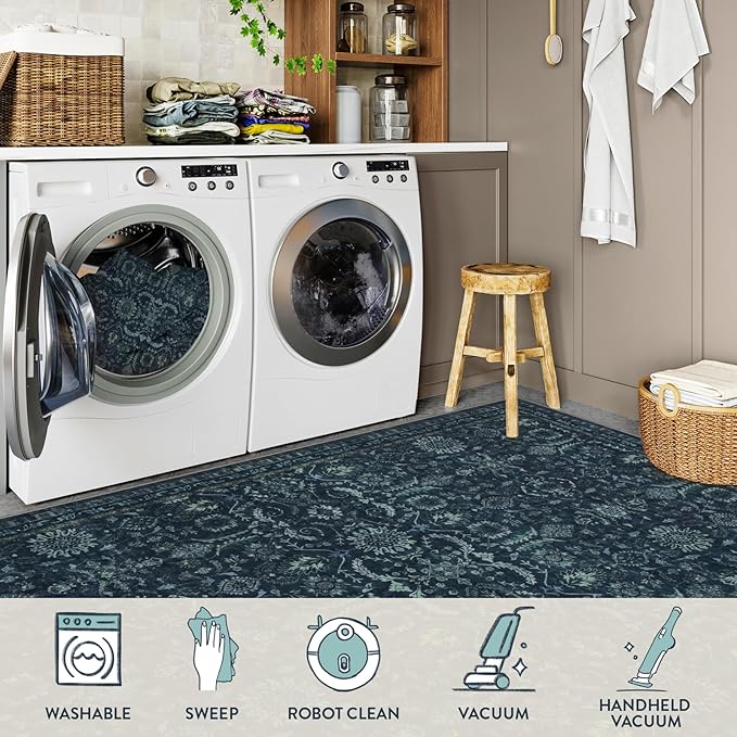 Lahome Navy Blue 8x10 Area Rugs for Living Room,Boho Machine Washable Dining Room Area Rugs,Dark Vintage Thin Stain Resistant Carpets for Bedroom Dorm Home Office