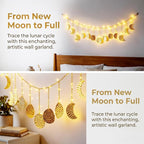 Boho Moon Phase Wall Hanging, Gold Hammered Metal LED Celestial Garland for Bedroom Witchy Home Christmas Decor