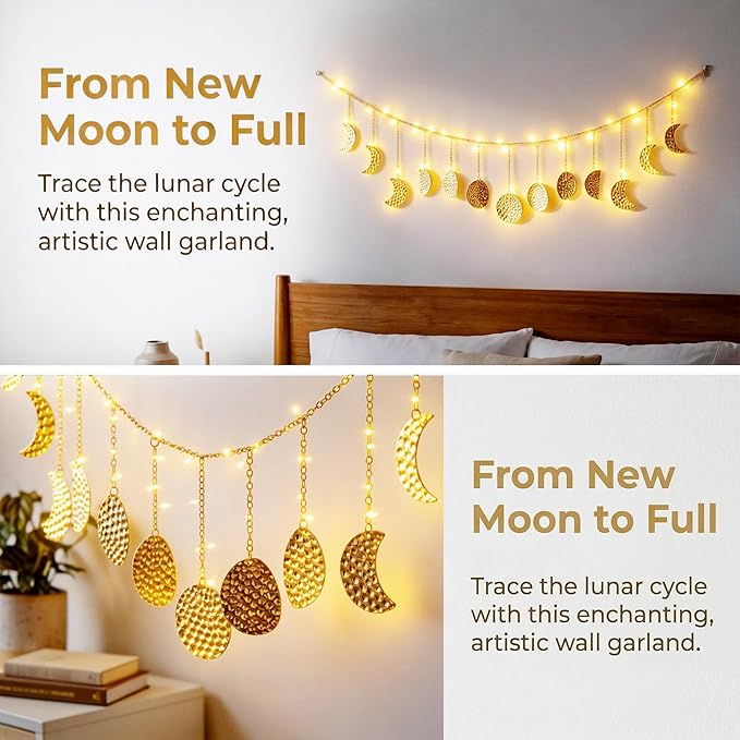 Boho Moon Phase Wall Hanging, Gold Hammered Metal LED Celestial Garland for Bedroom Witchy Home Christmas Decor