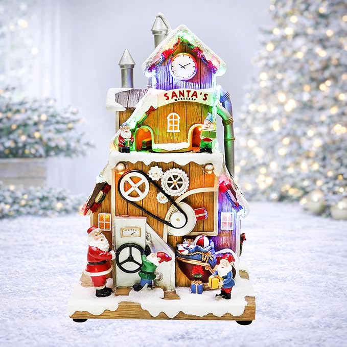 Santa’s Workshop Animated Christmas Village Moments in Time LED Lights, Music & Moving Scene Hand-Painted Polyresin Holiday Building with Adapter Christmas Home Décor Collectible