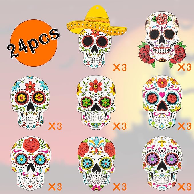 Haooryx Halloween Day of the Dead Ghost Wooden Hanging Ornaments - 25Pcs Sugar Skulls Wood Pendent Decoration Mexican Fiesta Dia de Los Muertos Skull Skeleton Tag for Tree Halloween Party Favor Supply