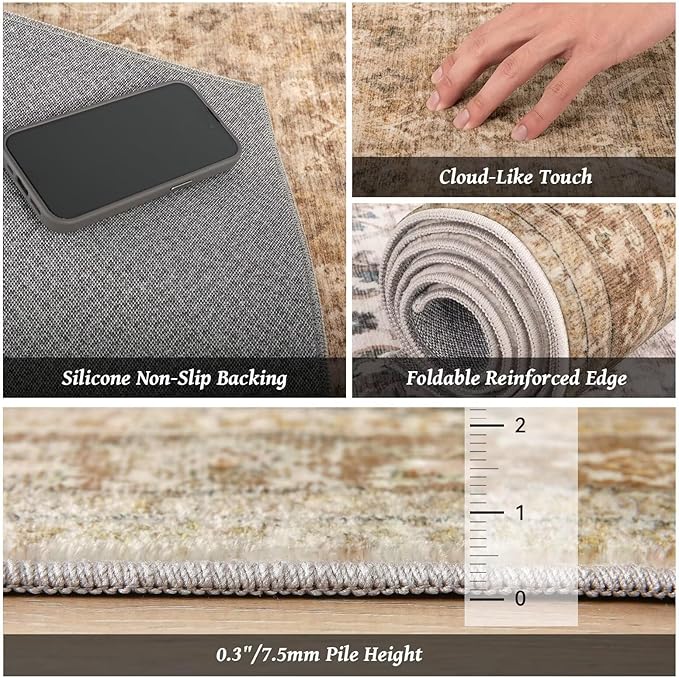 Washable 9x12 Area Rugs for Living Room, Boho Non-Slip Vintage Distress Lager Rugs for Bedroom Dining Room Nursery Office, 0.3" Neutral Oriental Throw Thin Carpet, Brown/White/Multi