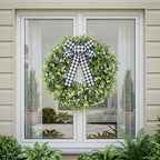 20" Boxwood Wreath for Front Door - UV Resistant Artificial Greenery Wreath with Detachable Hello Sign & Sash, All-Season Spring or Summer Wreaths Decorative Wreath for Indoor/Outdoor Wall