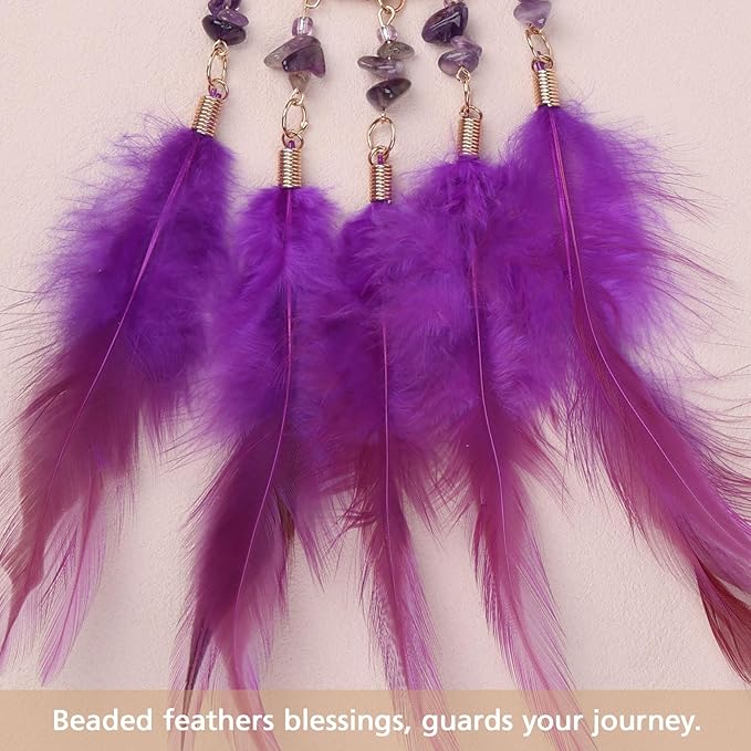Pretty Jolly Small Tree of Life Crystal Stone Dream Catchers Purple Feathers Mini Dreamcatchers for Cars Rear View Mirror Hanging Decoration Good Luck Travel Charm Bedroom Ornaments for Women Girls