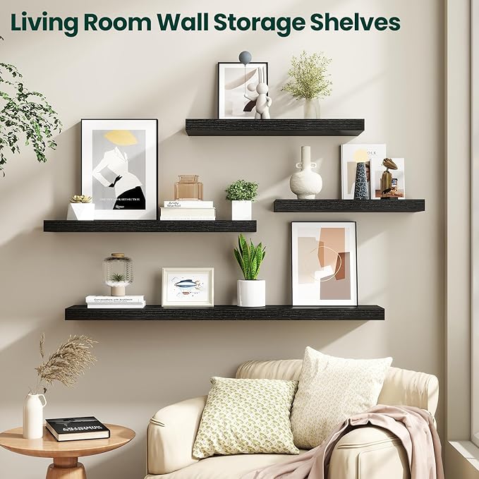 Floating Shelves for Wall 40 in x 9.3 in Deep, Wall Mounted Rustic Wood Shelf with Invisible Brackets for Storage & Display, Living Room Bedroom Bathroom, Black, 2 Pack