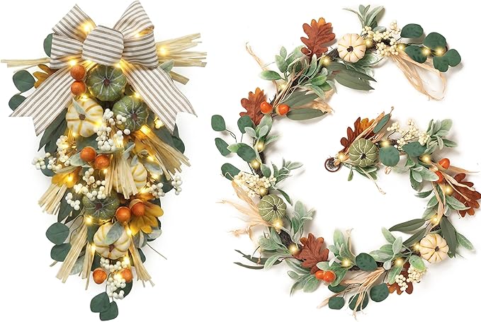 Valery Madelyn 24 inch Fall Pumpkin Teardrop Swag Autumn Harvest Door Hanger with Green & White Mini Pumpkins, Eucalyptus, Raffia, Berries and Striped Bow for Front Door Thanksgiving Table Centerpiece