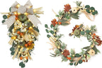 Valery Madelyn 24 inch Fall Pumpkin Teardrop Swag Autumn Harvest Door Hanger with Green & White Mini Pumpkins, Eucalyptus, Raffia, Berries and Striped Bow for Front Door Thanksgiving Table Centerpiece