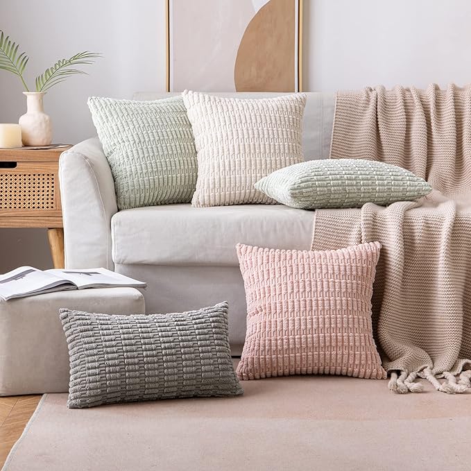 MIULEE Pack of 2 Corduroy Decorative Throw Pillow Covers 18x18 Inch Soft Boho Striped Pillow Covers Modern Farmhouse Home Decor for Sofa Living Room Couch Bed Pink Spring Valentine Decor