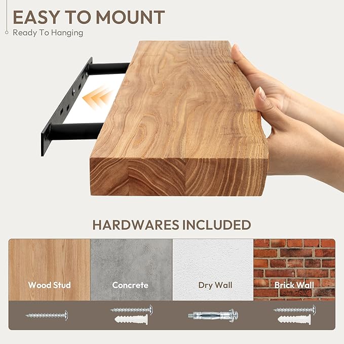 Marsmiles 36 inch Floating Shelves for Wall Elm Wood Live Edge Shelves|Rustic Wall Shelves with Invisible Heavy-Duty Bracket for Bathroom Living Room Kitchen|Natural, 2 Pack