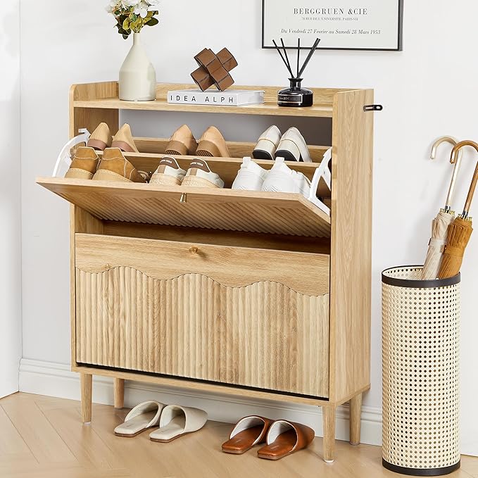 BERRYMERRY 31.5” Fluted Shoe Storage Cabinet for Entryway, 2 Flip Drawers Narrow Shoe Organizer Cabinet with Wave Profile for Hallway,Living Room