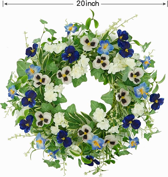 AMF0RESJ Artificial Spring Summer Wreath for Front Door with Pansy Flower,Lavender Morning Glory for Front Door Indoor Outdoor Farmhouse Home Wall Window Festival Wedding Decor,