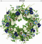 AMF0RESJ Artificial Spring Summer Wreath for Front Door with Pansy Flower,Lavender Morning Glory for Front Door Indoor Outdoor Farmhouse Home Wall Window Festival Wedding Decor,