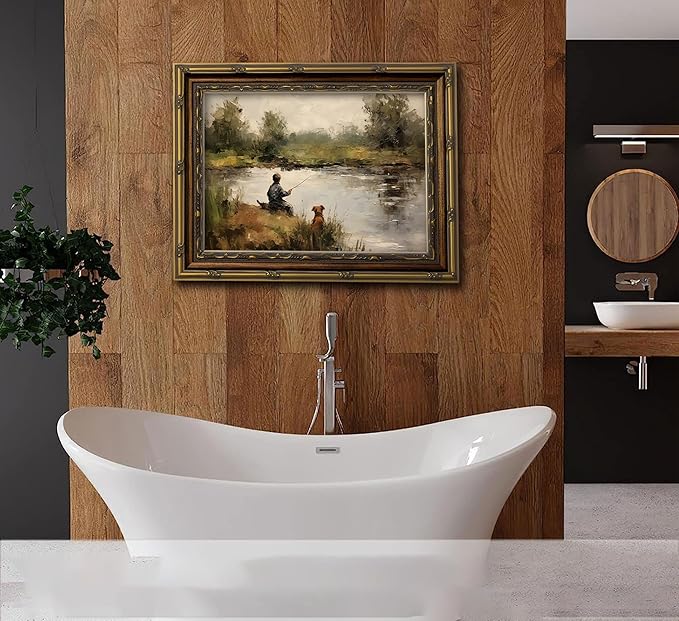 Vintage Gold Framed Wall Art Boy Fishing Country Oil Painting Canvas Prints Peaceful Lake Landscape with Dog Picture Rustic Farmhouse Poster Artwork for Nursery Living Room Bedroom, 12x16in