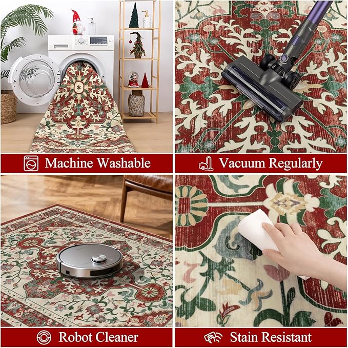 U'Artlines Red Christmas Area Rug 8x10 Large Boho Washable Soft Winter Holiday Carpet for Living Room Bedroom Dining Room Office Indoor Rugs for Xmas Decor