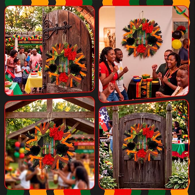 Hoteam Juneteenth Wreath for Front Door African American Door Wreaths June 19th 1865 Freedom Juneteenth Decorations for Festival Indoor Outdoor Home Porch Decoration