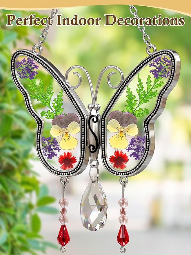 KY&BOSAM Butterfly Suncatchers Gifts for Mom Family Friends Stained Glass Suncatchers for Windows Hangings Wind Chimes Real Flower Colorful Crystal Outdoor for Garden Indoor Home Trees Party Decor