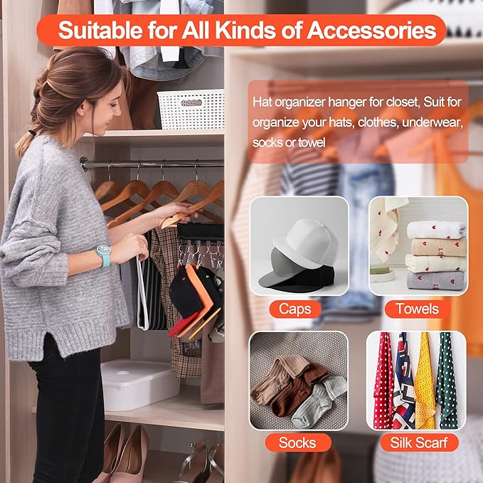 Hat Organizer Holder for Hanger & Room Closet, 4Pack Hat Storage Clips, for Hang Baseball Hats Rack, Ball Caps, Winter Beanie & Accessories, Not Including Hangers & Hats (4PC Black)