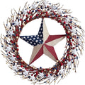 TEMPUS 18" Patriotic Wreath with Burlap Flag Star Artificial 4th of July Decor for Front Door, Indoor Wall & Gifting