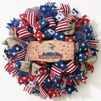 250th Anniversary Patriotic Wreath, 4th of July Wreaths for Front Door with Wooden Eagle Door Sign & Red White Blue Ribbon for Independence Day Memorial Day Patriotic Decorations(18In, 1Pcs)