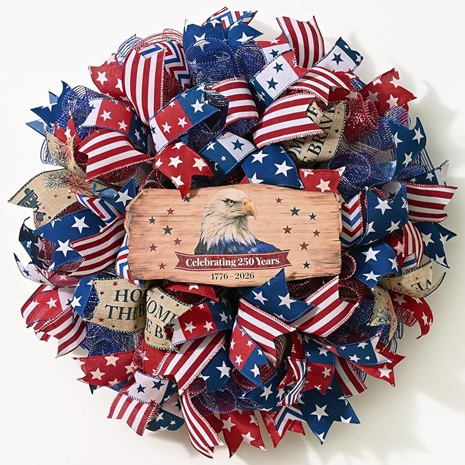 250th Anniversary Patriotic Wreath, 4th of July Wreaths for Front Door with Wooden Eagle Door Sign & Red White Blue Ribbon for Independence Day Memorial Day Patriotic Decorations(18In, 2Pcs)