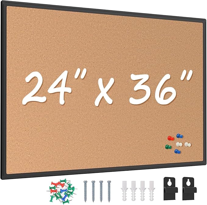 Cork Board Bulletin Board 24 x 36, Black Aluminium Framed 2 x 3 Corkboard, Office Board for Wall Cork, Large Wall Mounted Notice Pin Board with 16 Push Pins for School, Home & Office