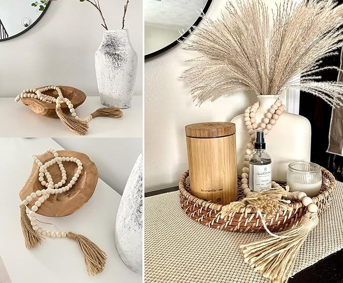 LSKYTOP 60 Inches Wood Bead Garland,Wooden Beads with Tassel,Farmhouse Beads Rustic Prayer Beads Boho Beads for Farmhouse Tiered Tray Coffee Table Mantel Decor (2 Pack)